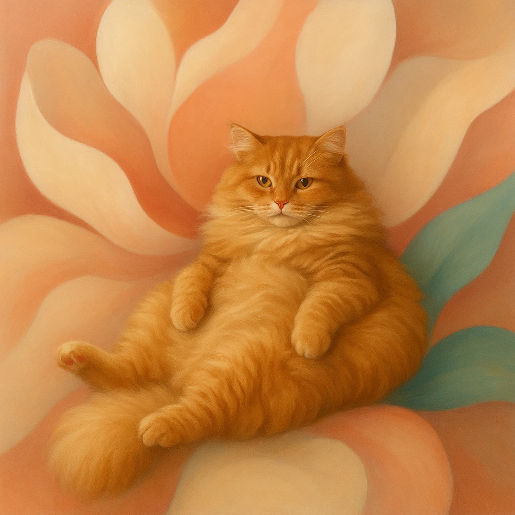 A cat nestled in soft petals in a floral-abstraction style