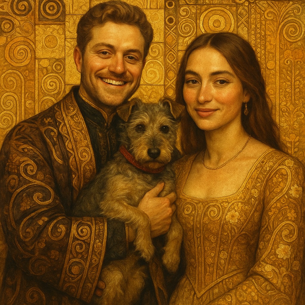 A young couple holding their terrier painted together in the Klimt Gold style