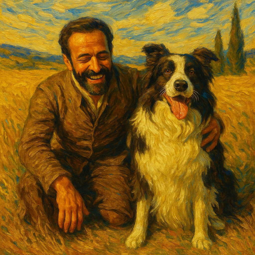 A man kneeling beside his border collie painted together in the Van Gogh Wheatfield style