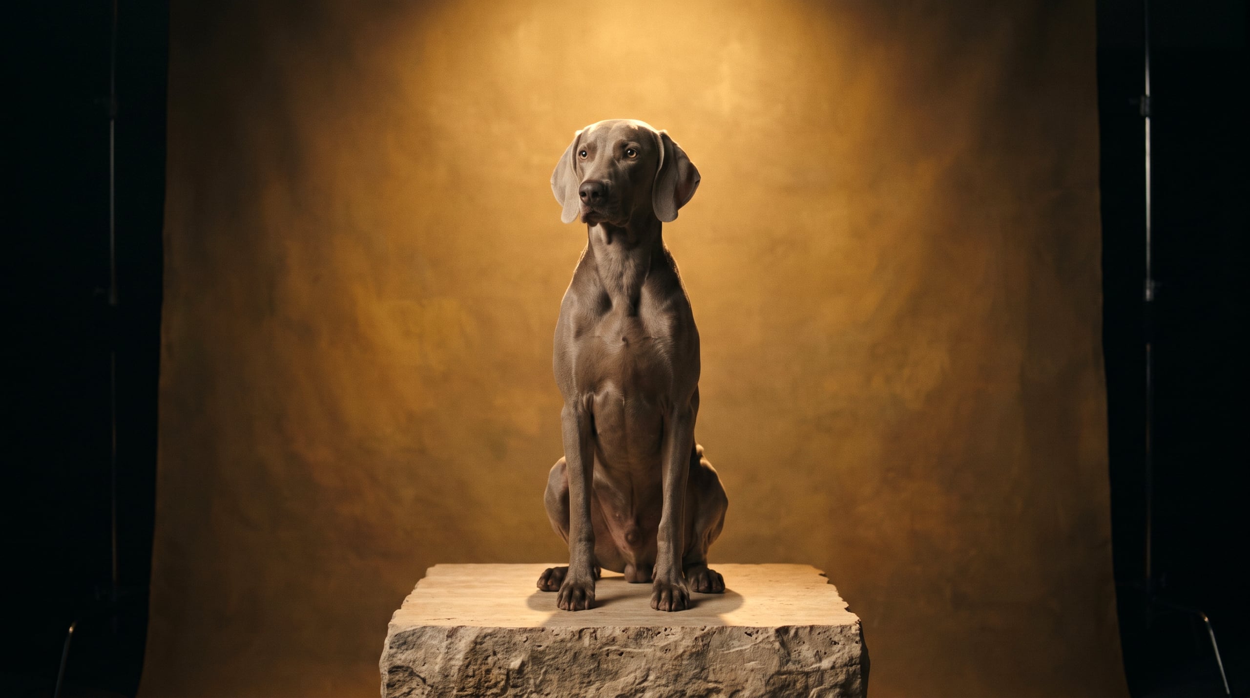A weimaraner seated on a travertine plinth in a pool of warm amber studio light