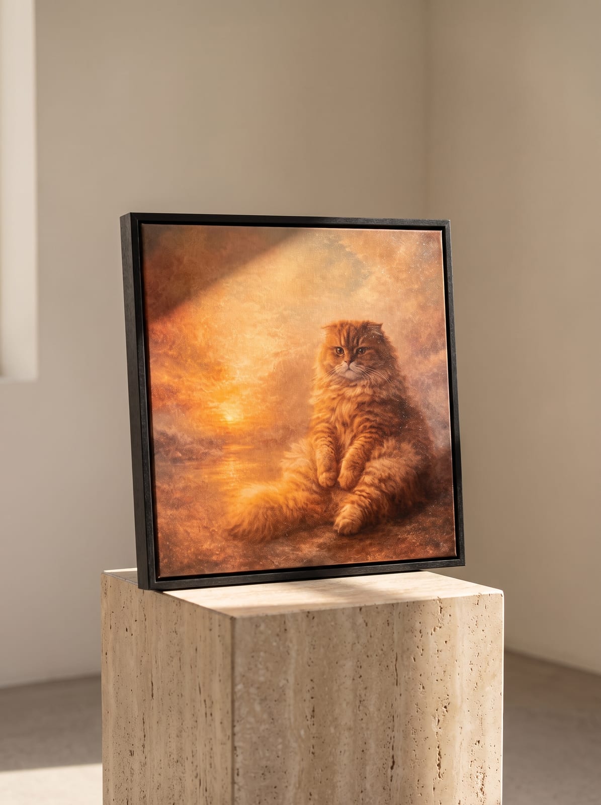 A framed square canvas print of a cat at golden hour, standing on a travertine plinth in warm studio light