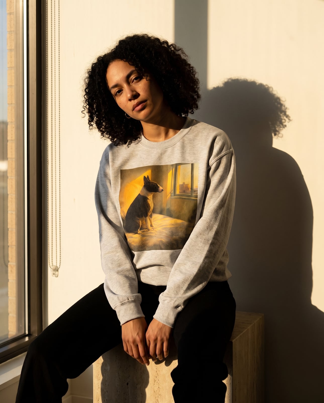 A woman seated on a travertine plinth wearing the Classic Crewneck printed with a bull terrier portrait