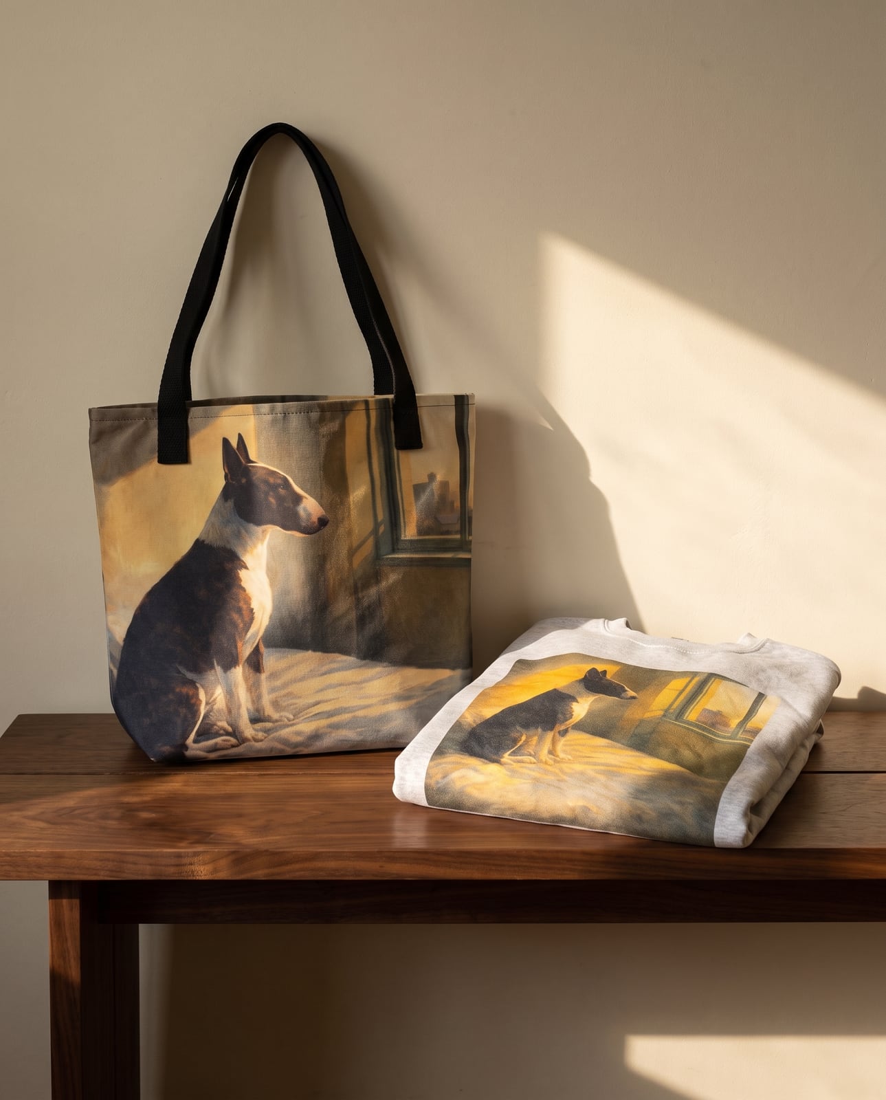 The Square Tote and the folded Classic Crewneck together on a walnut bench in window light