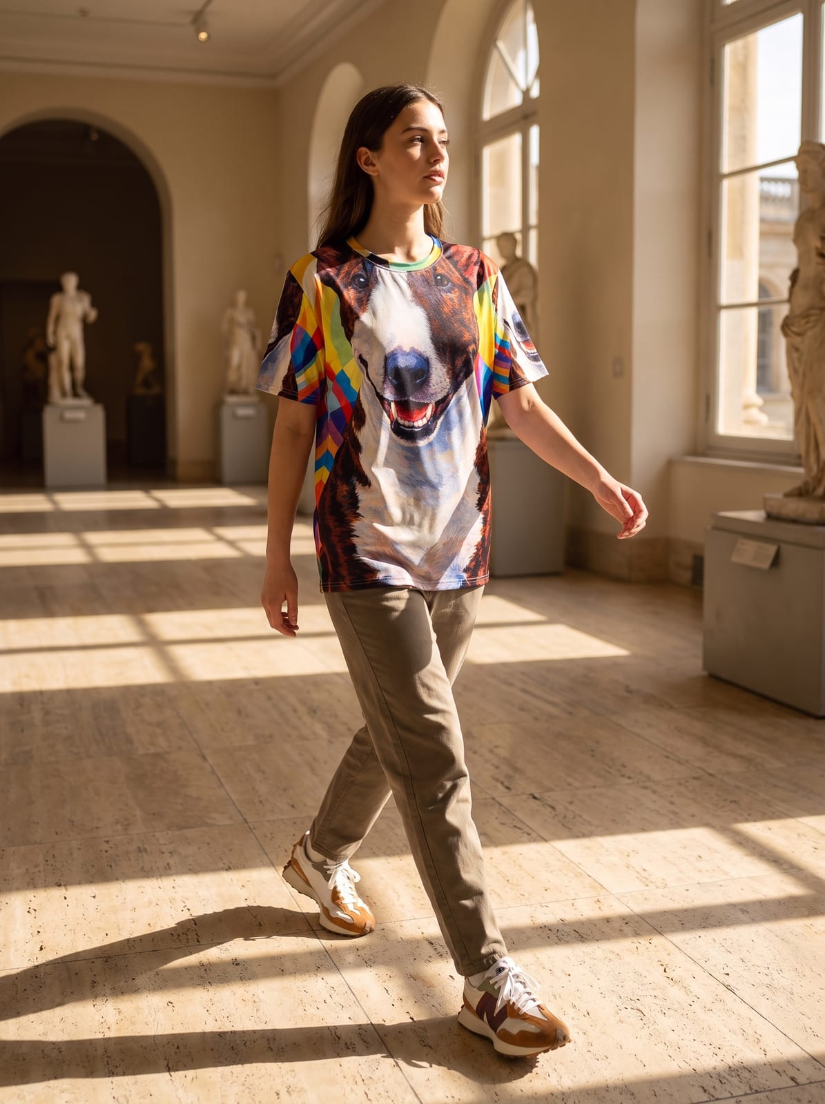 A woman walking through a museum gallery wearing the pop-art bull terrier tee