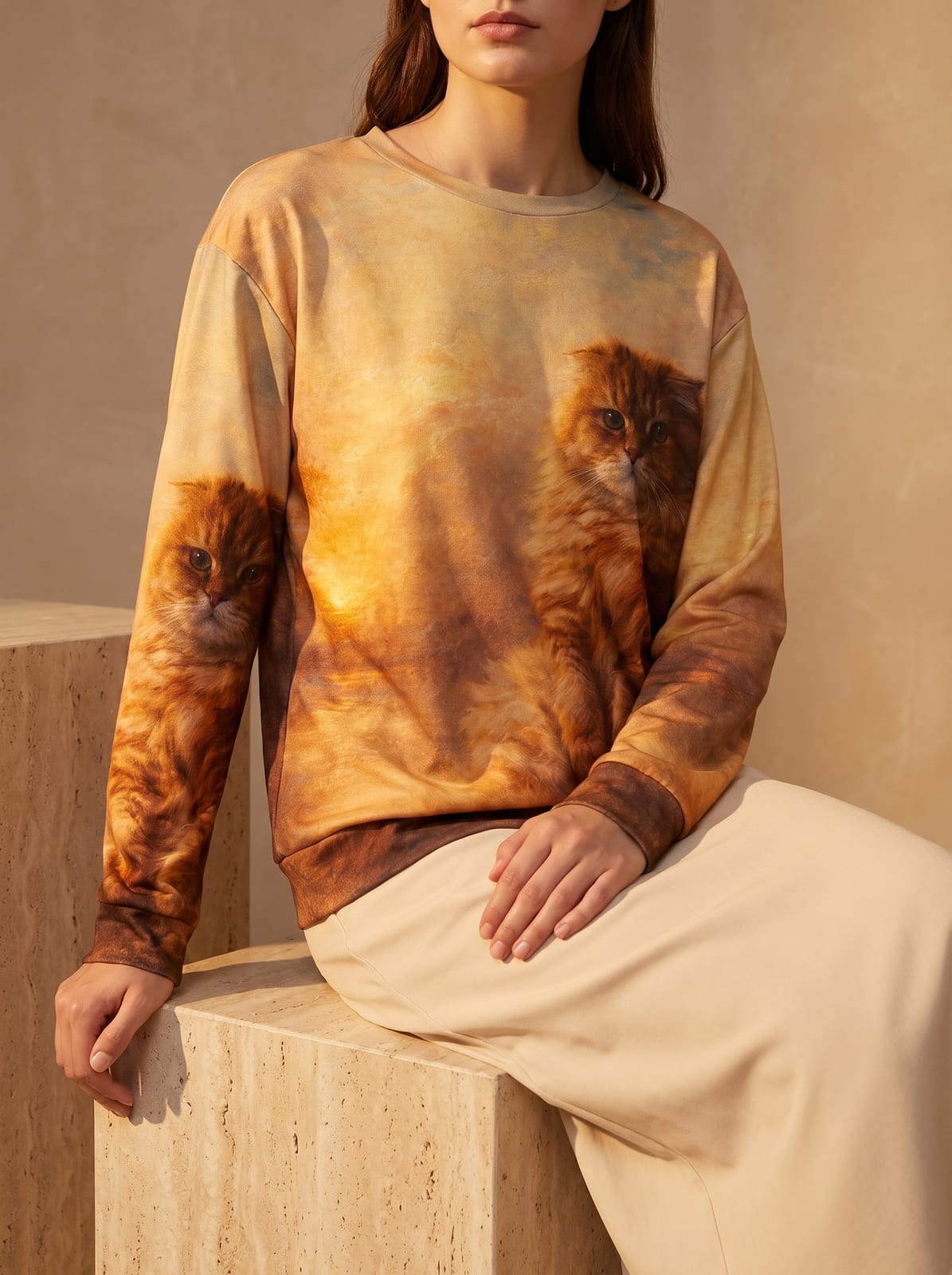 A woman seated on a travertine block wearing the all-over crewneck printed with two cats at golden hour