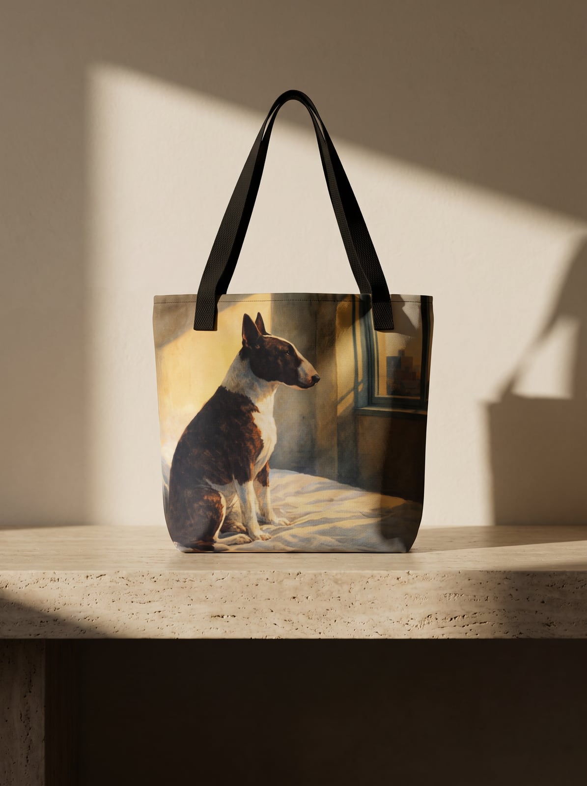The Square Tote printed with a bull terrier portrait, standing on a travertine bench in raking window light