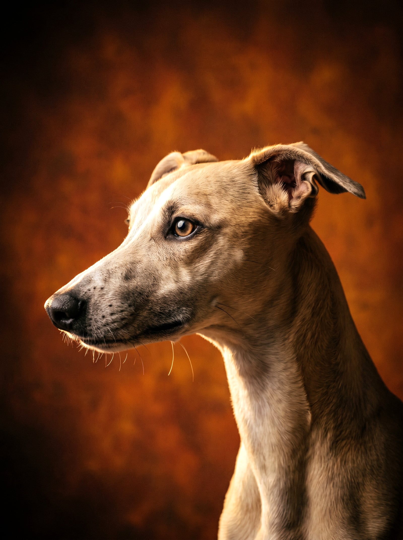 A whippet in profile against a deep burnt-amber studio backdrop, rim-lit